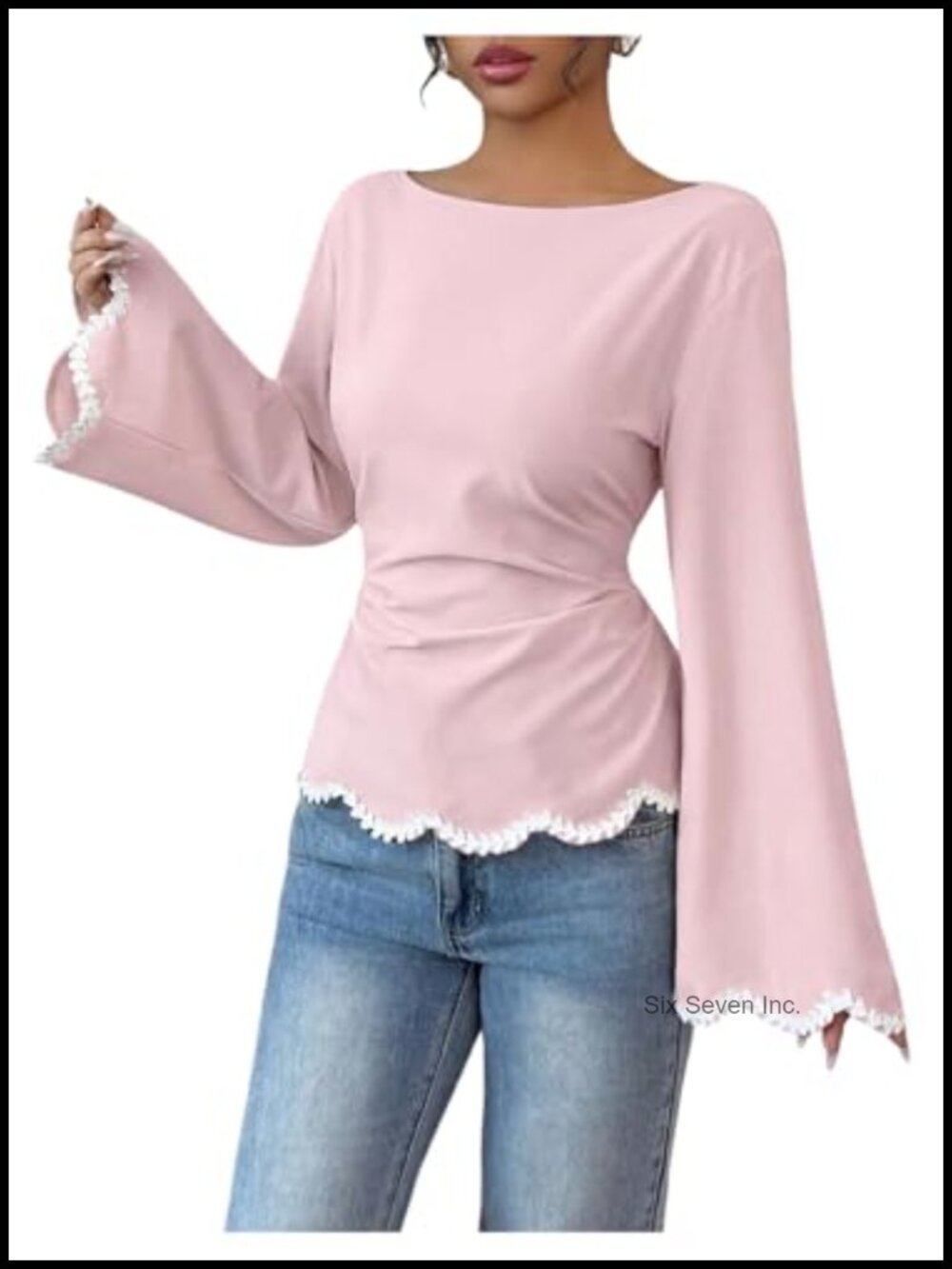 Women's Peplum Bell Long Sleeve Lace Up Tie Back Blouse